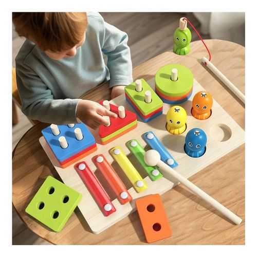 JUEGO DIDACTICO 3 EN 1: PESCA, CONSTRUCCIÓN Y MÚSICA MONTESORI